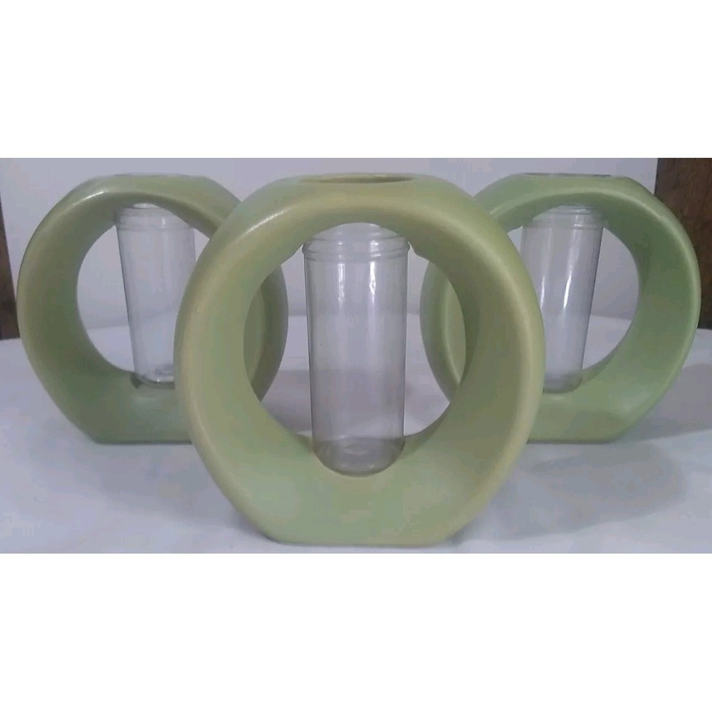 Circular Bud Vases (3) Ceramic Green Plastic Insert Art Deco MCM 5 Inch